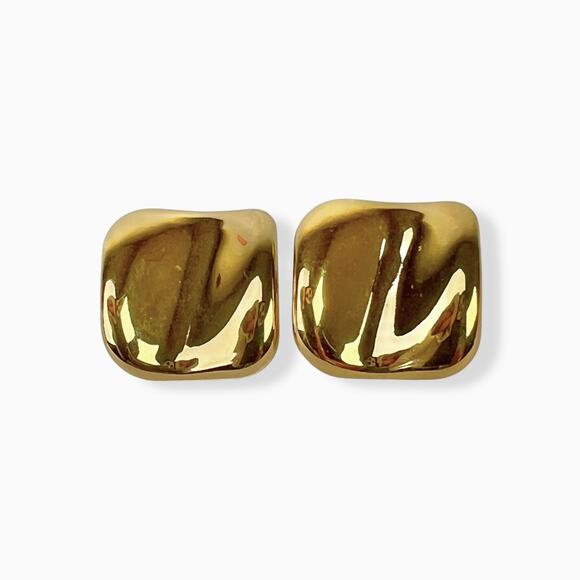 Avon Vintage Earrings Polished Perfection Gold Tone Wavy Square Pierced Shiny - Picture 1 of 9
